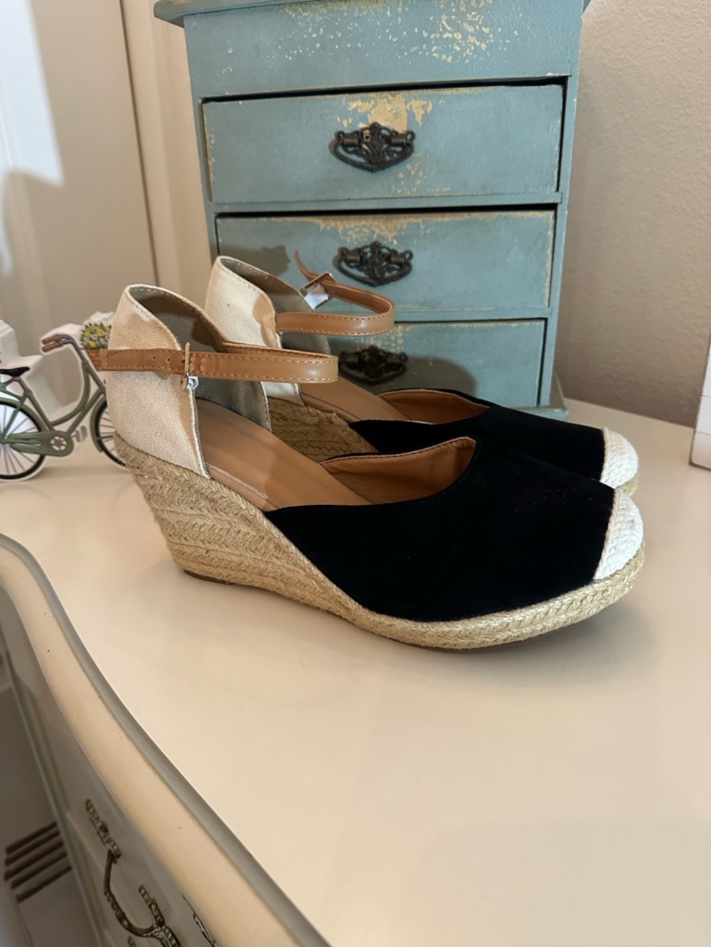 Women's Black Espadrille Wedge Sandals with Ankle Strap